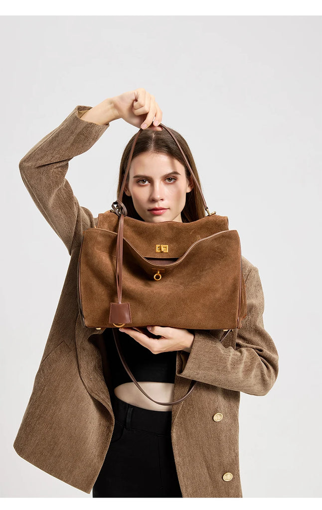 Women’s Genuine Suede Leather Large Capacity Shoulder Tote Bag Luxury Casual Handbag