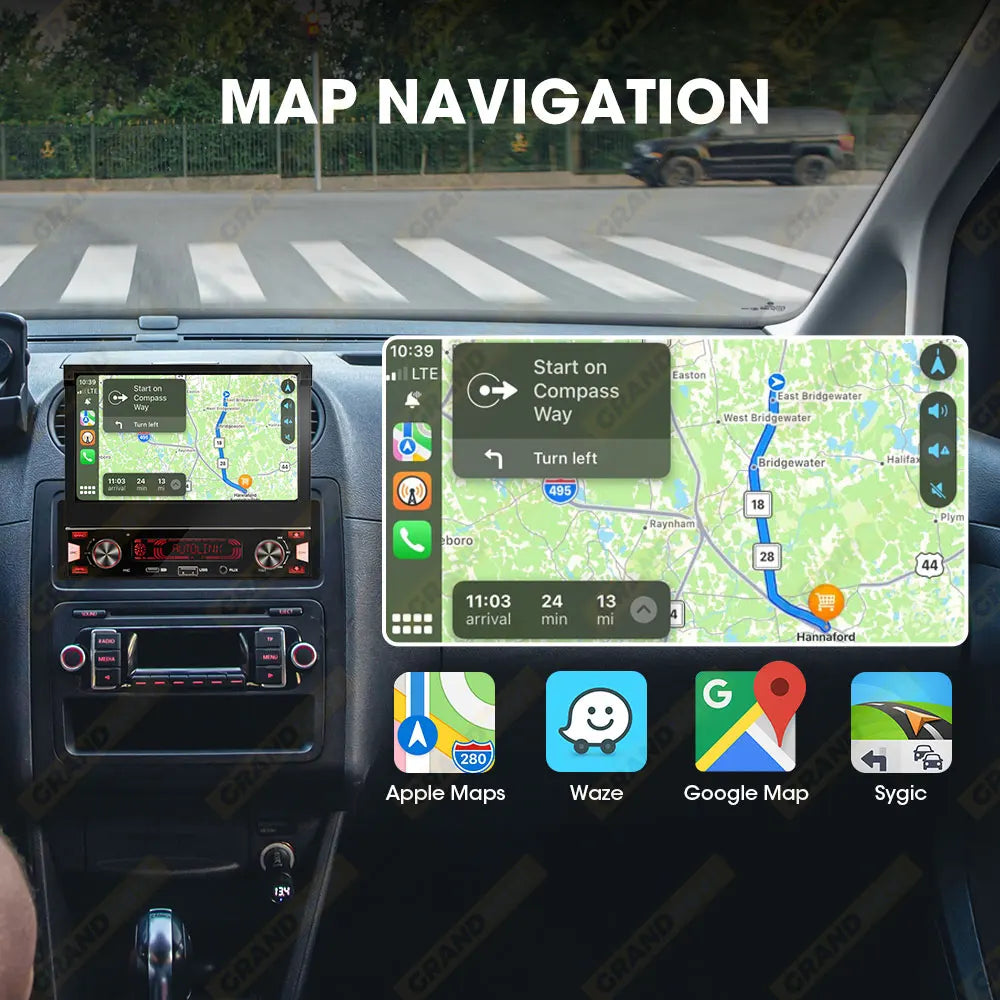 1Din 7 Inch MP5 Radio Player with Automatic Retractable Screen, Wireless CarPlay & Android Auto, FM AM RDS Car Stereo USB Type-C