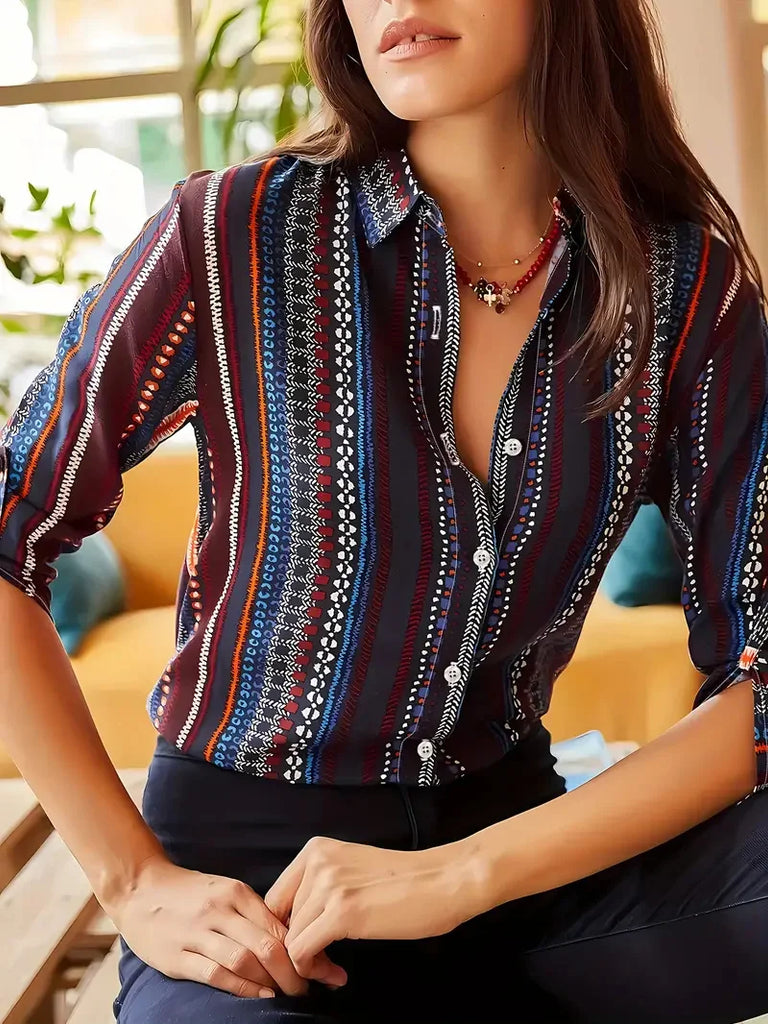 Women’s Floral Slim-Fit Long Sleeve Blouse – Soft Silk Blend Spring/Summer Shirt