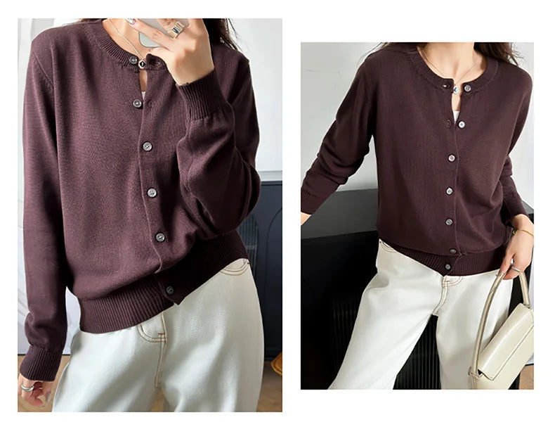 100% Cotton Women’s O-Neck Solid Cardigan – Luxury Designer Pullover