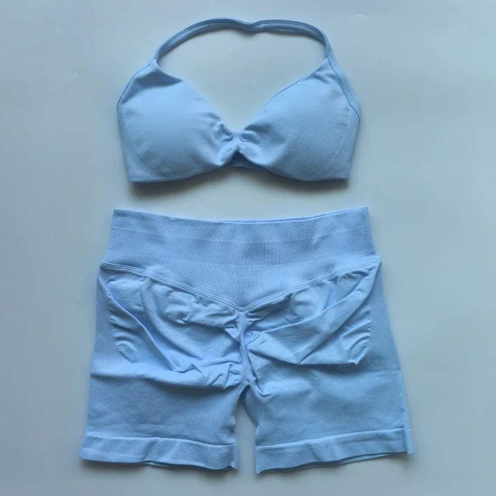 Women’s 2-Piece Seamless Gym Set – Strappy Yoga Bra & High-Waist Scrunch Shorts Workout Suit