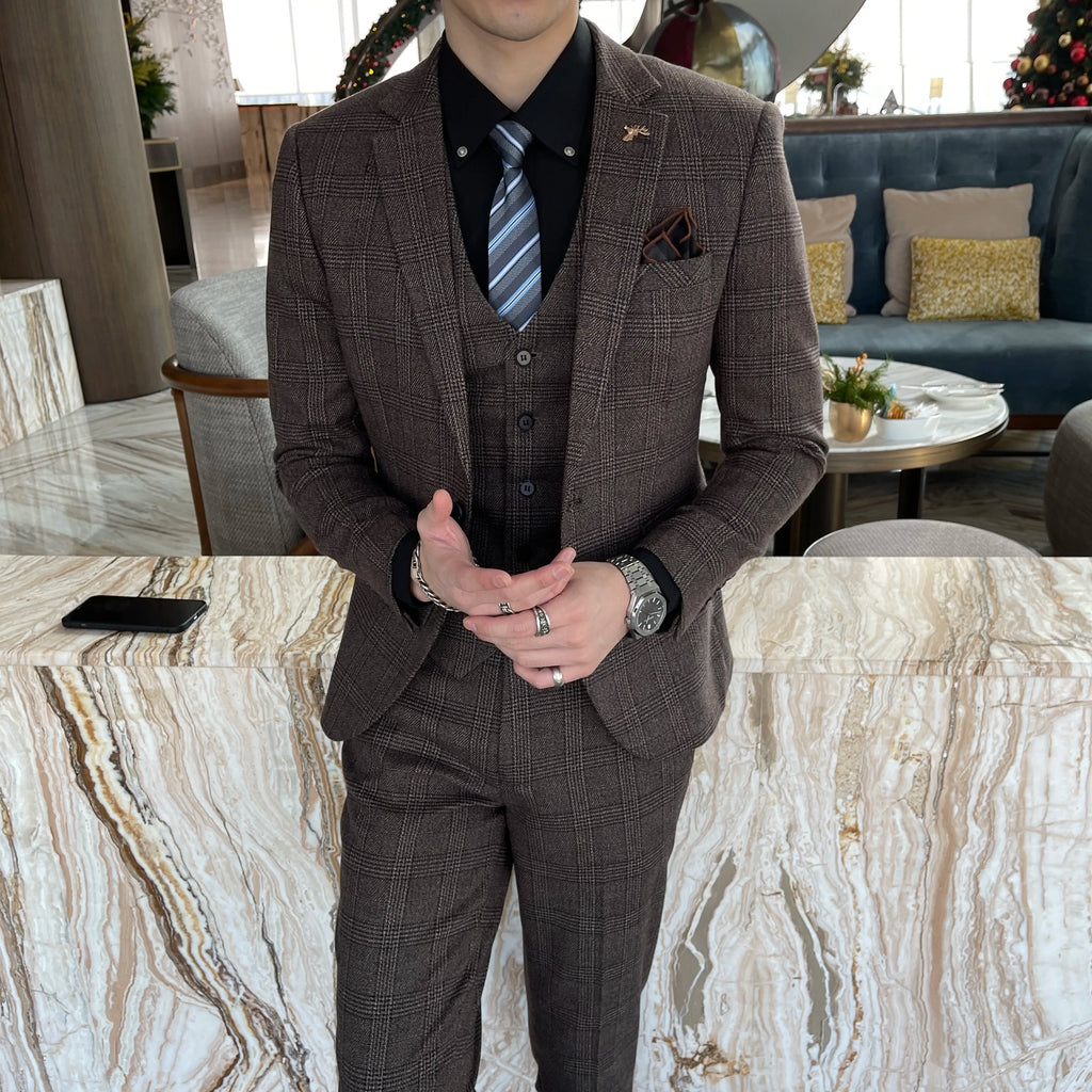 Men’s Modified Plaid Three-Piece Suit – Slim Fit England Style Vest & Trousers Set