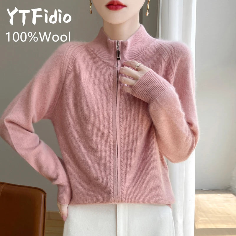 100% Wool Women’s Zipper Turtleneck Sweater – Casual Loose Knit Cardigan for Autumn/Winter