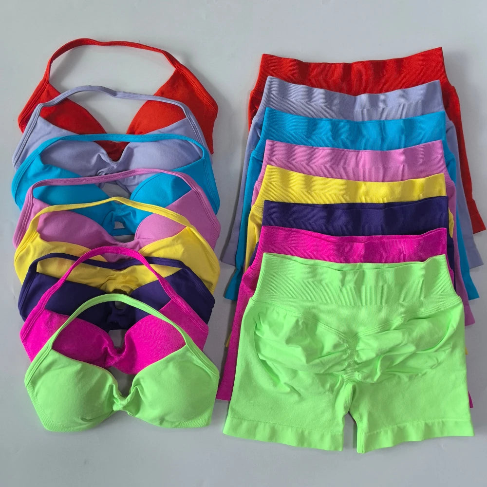 Women’s 2-Piece Seamless Gym Set – Strappy Yoga Bra & High-Waist Scrunch Shorts Workout Suit