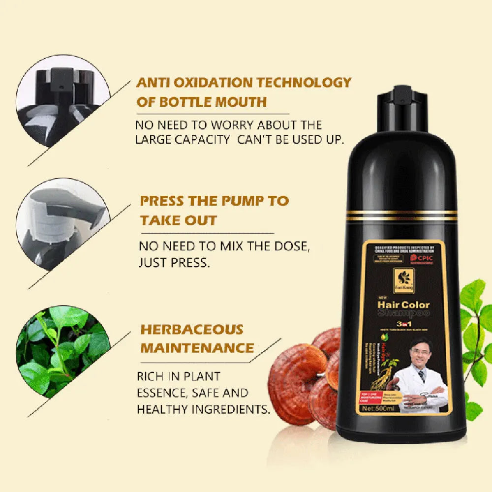 3-in-1 Instant Hair Coloring Shampoo – Natural Black & Herbal Brown, 500ml, Unisex Hair Dye