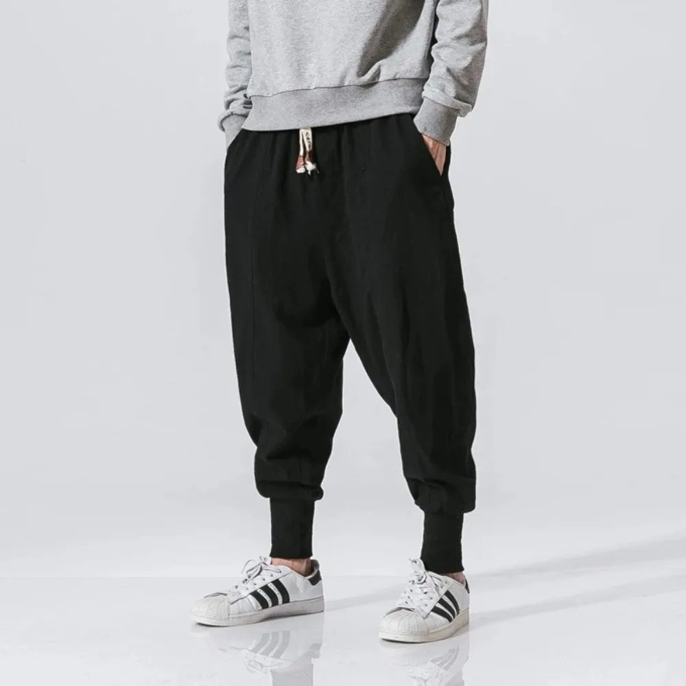 Men’s Cotton Linen Harem Pants – Baggy Streetwear Joggers with Elastic Waist