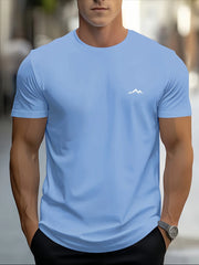 Men's Summer Cotton Casual Sports T-Shirt with Mountain Print, Short Sleeve, Round Neck