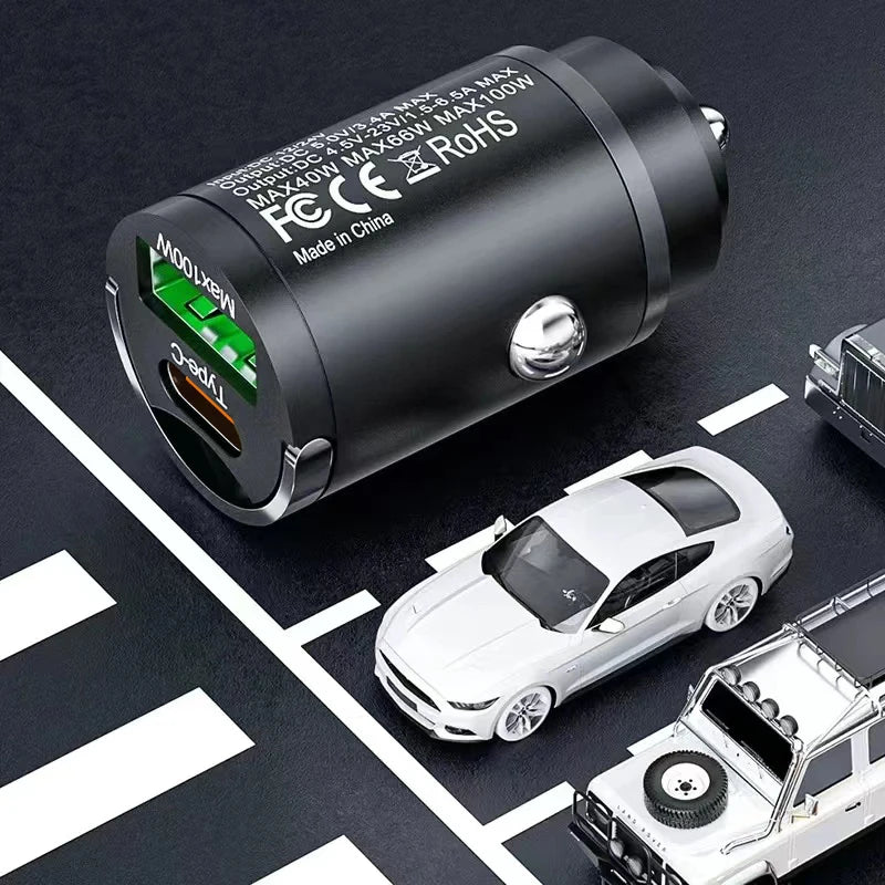 100W Mini Car Charger QC3.0 PD USB Type C 2-Port Fast Charging Compact Adapter