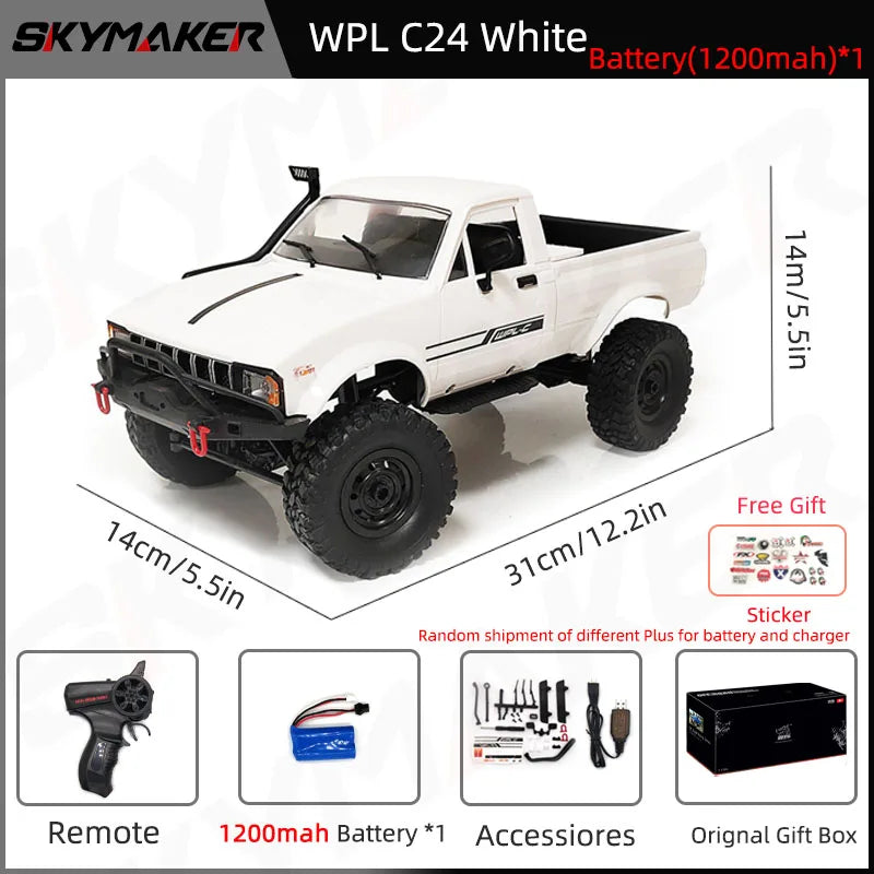 WPL C24-1 1:16 Scale 4WD RC Rock Crawler Truck with LED Lights – 2.4G Remote Control Off-Road Buggy