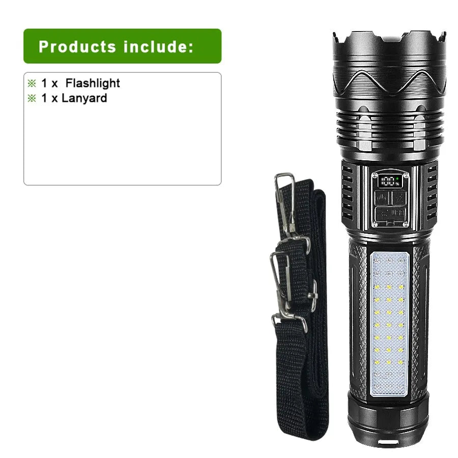 UltraBright™ 1500W Rechargeable LED Flashlight – 6,000M Long Range Tactical Torch (Built-in Power Bank)