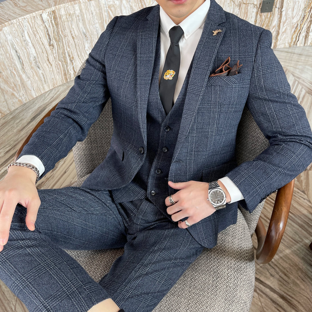 Men’s Modified Plaid Three-Piece Suit – Slim Fit England Style Vest & Trousers Set