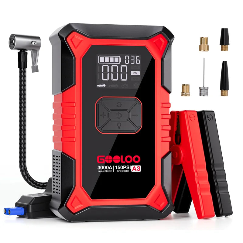 GOOLOO A3 3000A Portable Car Jump Starter with Air Compressor, 150PSI Auto-Shutoff, 12000mAh Battery for Gas & Diesel Engines