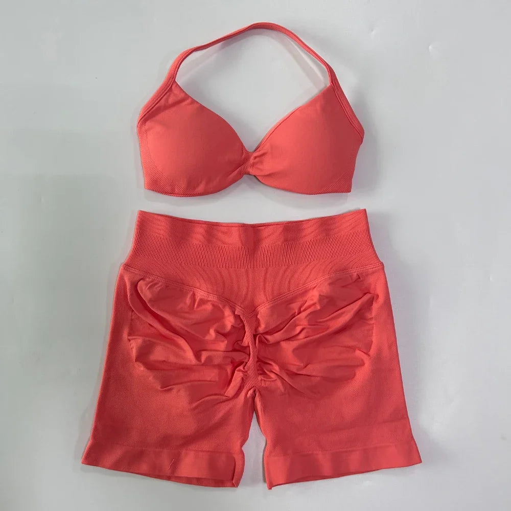 Women’s 2-Piece Seamless Gym Set – Strappy Yoga Bra & High-Waist Scrunch Shorts Workout Suit