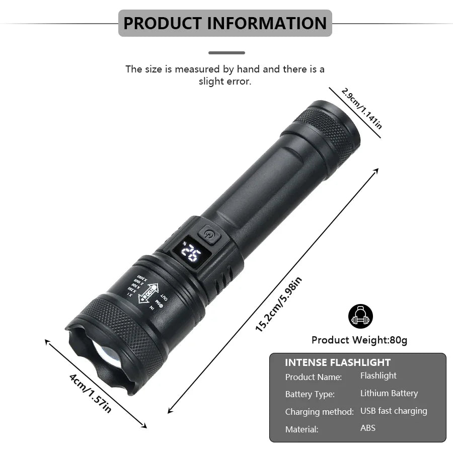High Power 2000LM LED Tactical Flashlight with USB Charging, Zoom, and Display – Camping, Fishing, Emergency