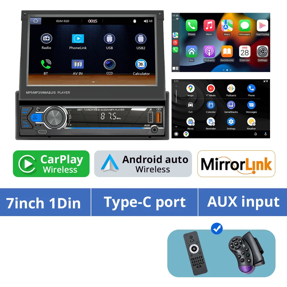 1Din 7'' Retractable Car Stereo with Wireless CarPlay & Android Auto, Bluetooth, FM, USB, AUX