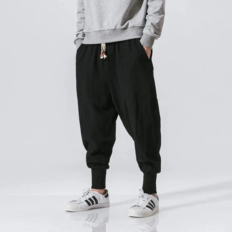 Men’s Cotton Linen Harem Pants – Baggy Streetwear Joggers with Elastic Waist