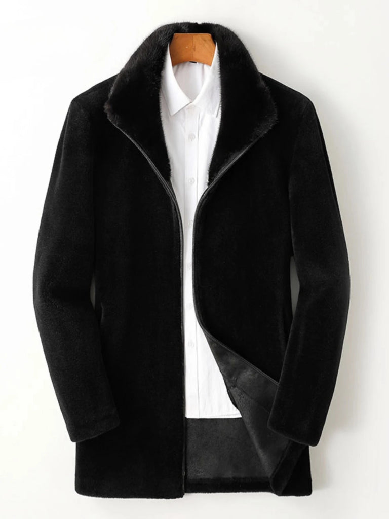 Men’s Winter Sheep Shearing Wool Jacket with Mink Fur Collar – Mid-Length Casual Coat