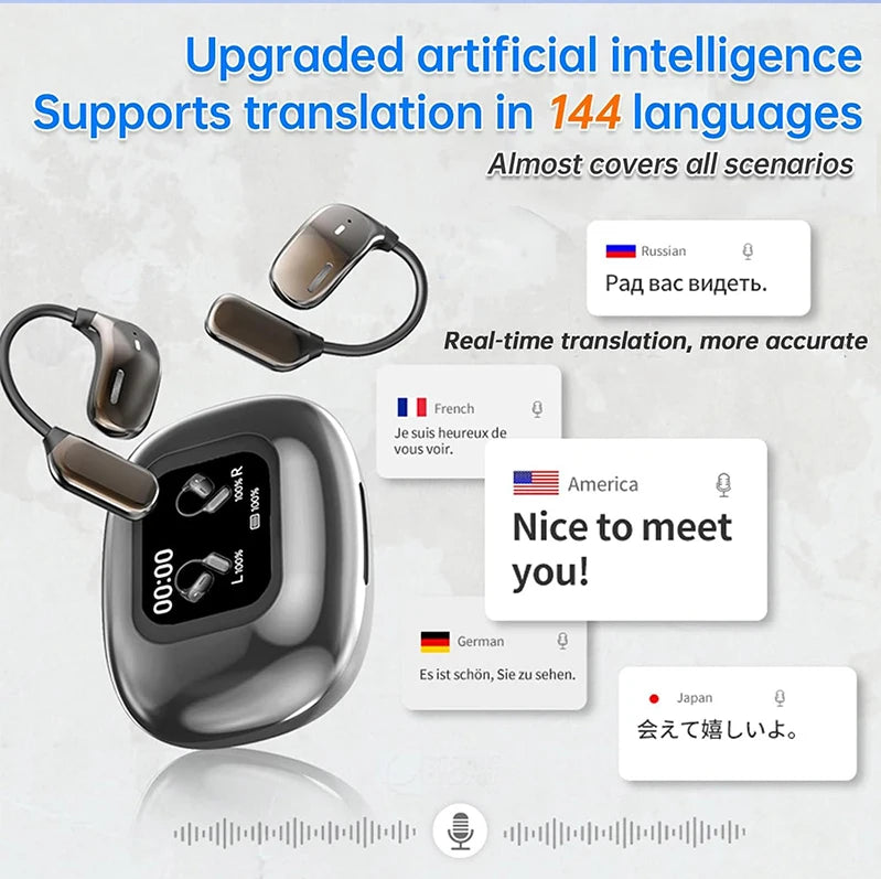 UYUXIO AI Language Translation Earbuds with Real-Time LCD Touch Screen – Open Ear Wireless Headphones, 144 Languages, Long Battery Life