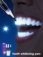 Teeth whitening pen with a close-up of a mouth showing white teeth and the product packaging.