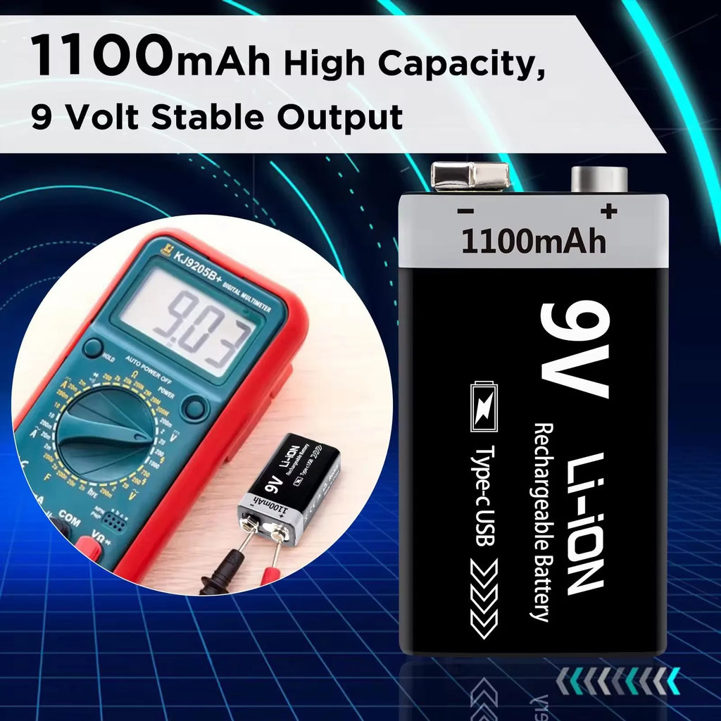 MATOV 9V 1100mAh USB Rechargeable Li-ion Battery – Type-C Charging | Long-Lasting Power for RC, Multimeters, Alarms & More