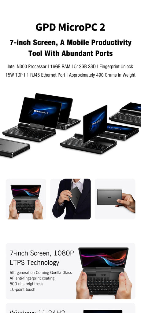 New 7-inch GPD MicroPC 2 Mini Laptop Intel Core i3-N300 16GB/512GB Windows 11 Portable Notebook