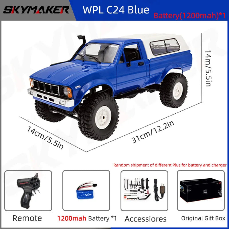 WPL C24-1 1:16 Scale 4WD RC Rock Crawler Truck with LED Lights – 2.4G Remote Control Off-Road Buggy