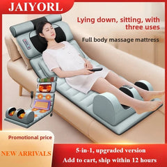 Woman using a massage mattress with various massage functions on a beige couch.