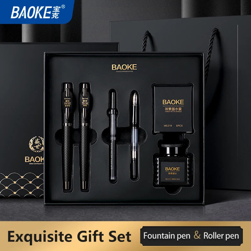 BAOKE T18/T19/T20 Black & Grey Fountain Pen Gift Set with Ink Bottle and 6 Cartridges – Stainless Steel Nib Metal Office Pen