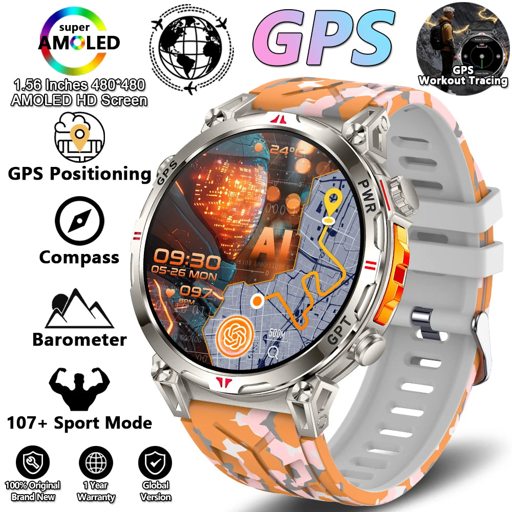 Outdoor Sports Smartwatch for Men – GPS, 1.56-inch AMOLED, 5ATM Waterproof, 650mAh Battery, Compass & HD Call