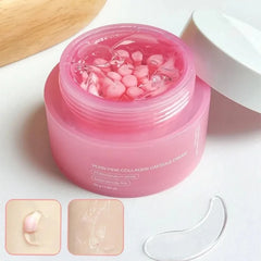 Pink collagen capsule cream jar with pink cream visible, on a white background