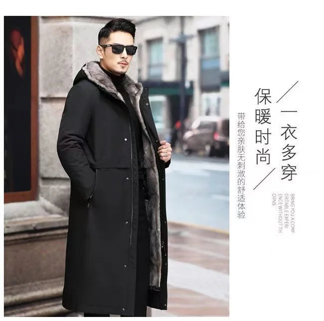 Men’s Detachable Fur One-Piece Winter Coat – Thick Faux Mink Fur Lined