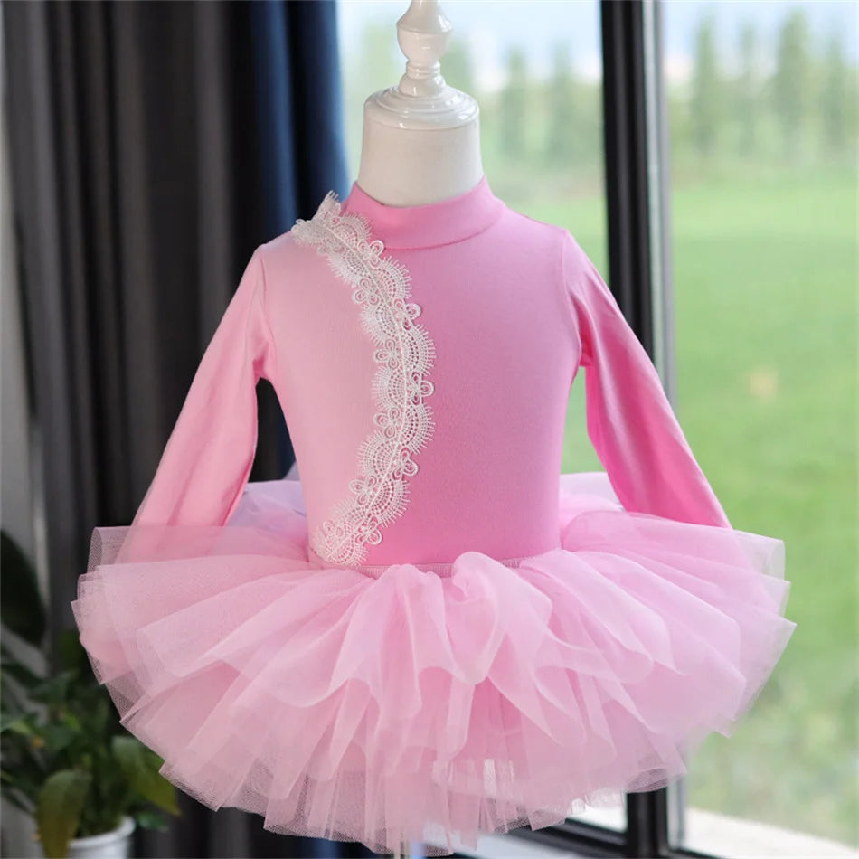 Girls Long Sleeve Ballet Dress Kids Ballet Leotard Tutu Skirt Gymnastics Dance Costume