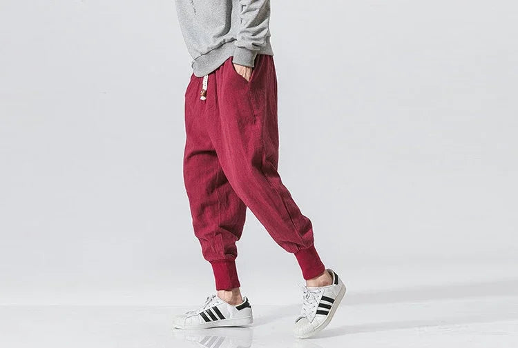 Men’s Cotton Linen Harem Pants – Baggy Streetwear Joggers with Elastic Waist