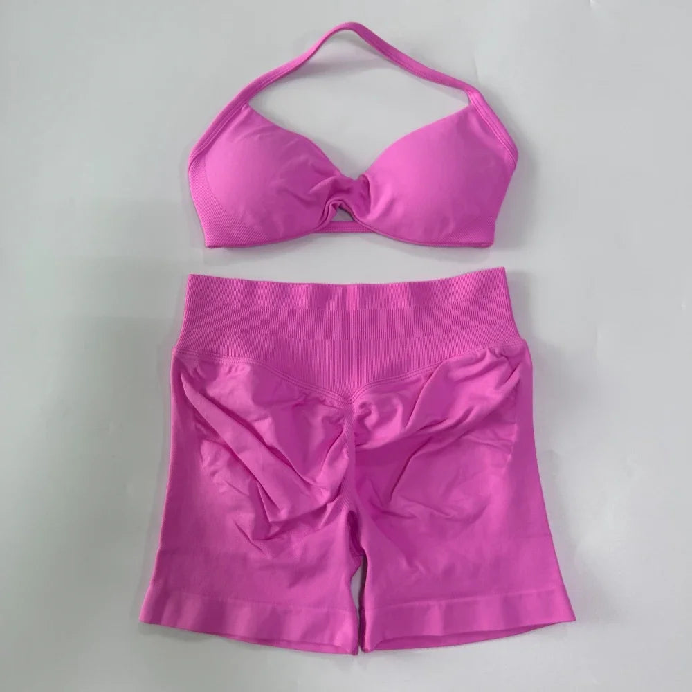 Women’s 2-Piece Seamless Gym Set – Strappy Yoga Bra & High-Waist Scrunch Shorts Workout Suit