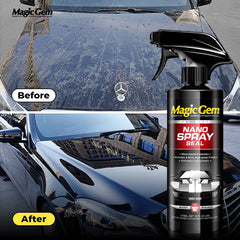 MagicGem Nano Spray Seal product with a car's windshield before and after application.