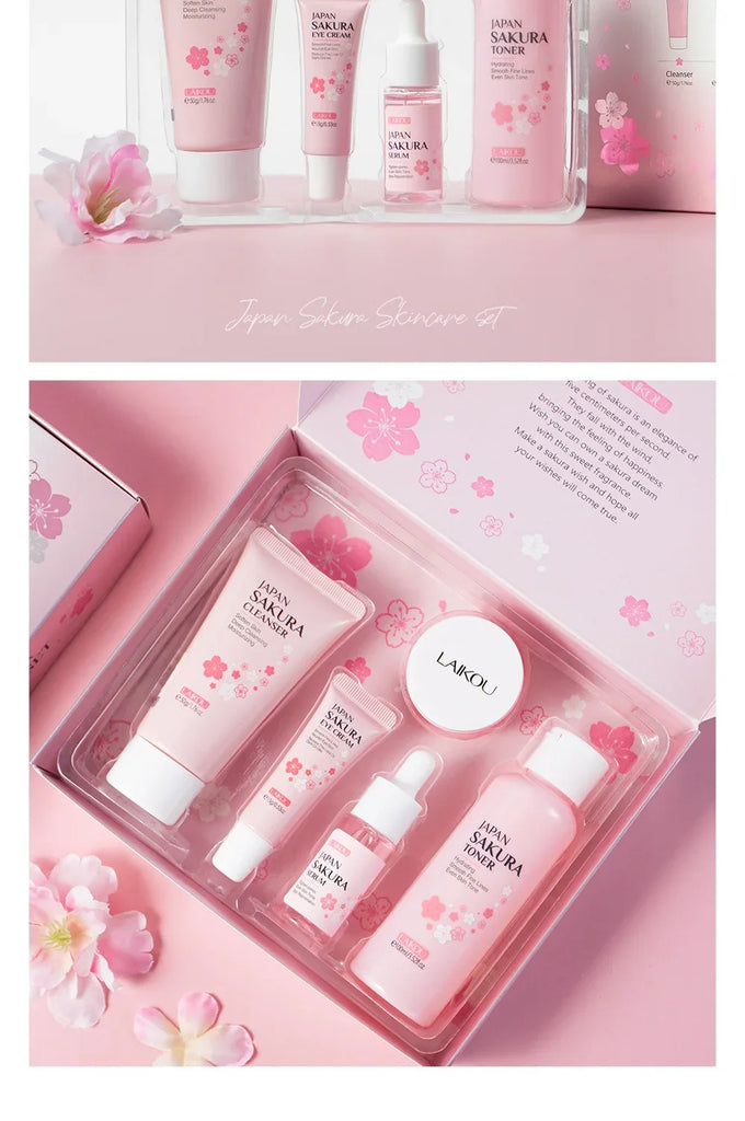 LAIKOU Sakura 5 Piece Skin Care Set Moisturizing Brightening Fine Line Reducing Facial Kit