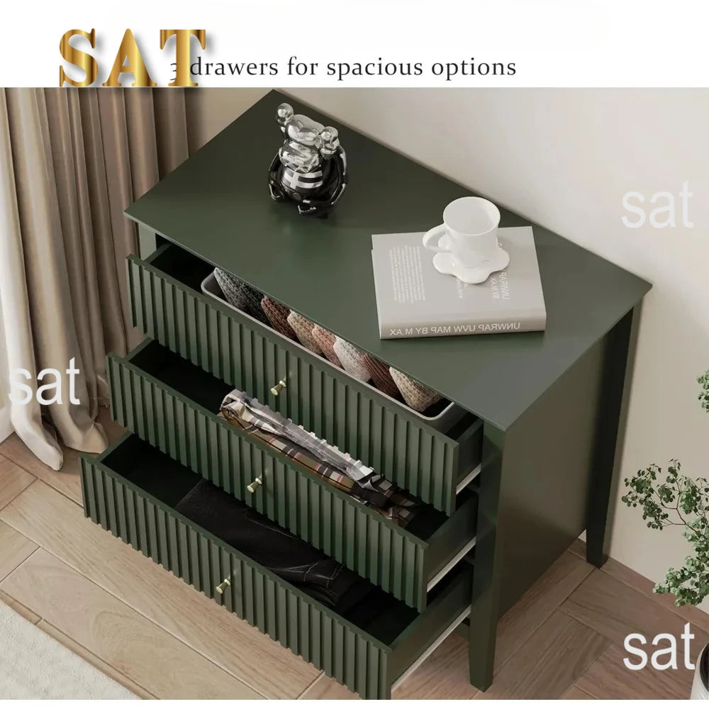 Green Fluted 3 Drawer Modern Dresser Nightstand – 32 Inch Wide Wood Chest of Drawers