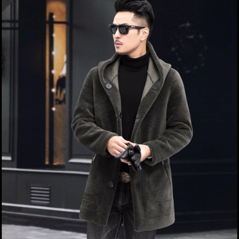 Men’s Winter Casual Thick Fleece Hooded Waterproof Jacket with Real Fur Wool Coat