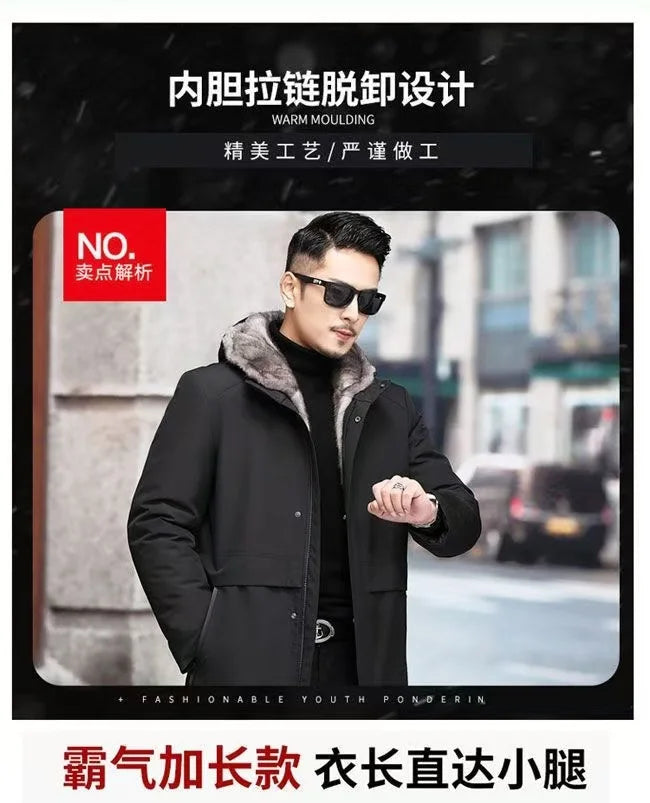 Men’s Detachable Fur One-Piece Winter Coat – Thick Faux Mink Fur Lined