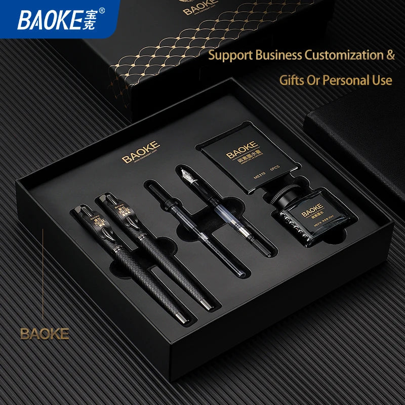 BAOKE T18/T19/T20 Black & Grey Fountain Pen Gift Set with Ink Bottle and 6 Cartridges – Stainless Steel Nib Metal Office Pen