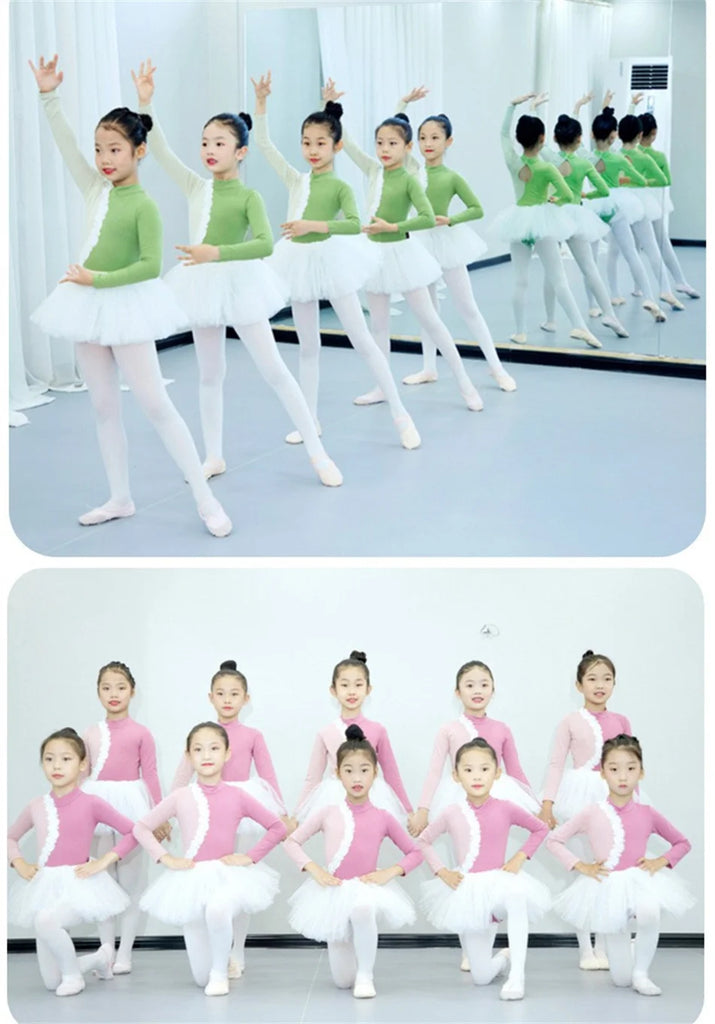 Girls Long Sleeve Ballet Dress Kids Ballet Leotard Tutu Skirt Gymnastics Dance Costume