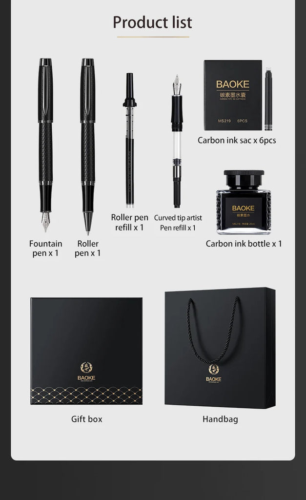 BAOKE T18/T19/T20 Black & Grey Fountain Pen Gift Set with Ink Bottle and 6 Cartridges – Stainless Steel Nib Metal Office Pen