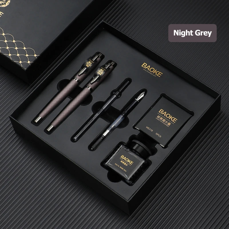 BAOKE T18/T19/T20 Black & Grey Fountain Pen Gift Set with Ink Bottle and 6 Cartridges – Stainless Steel Nib Metal Office Pen