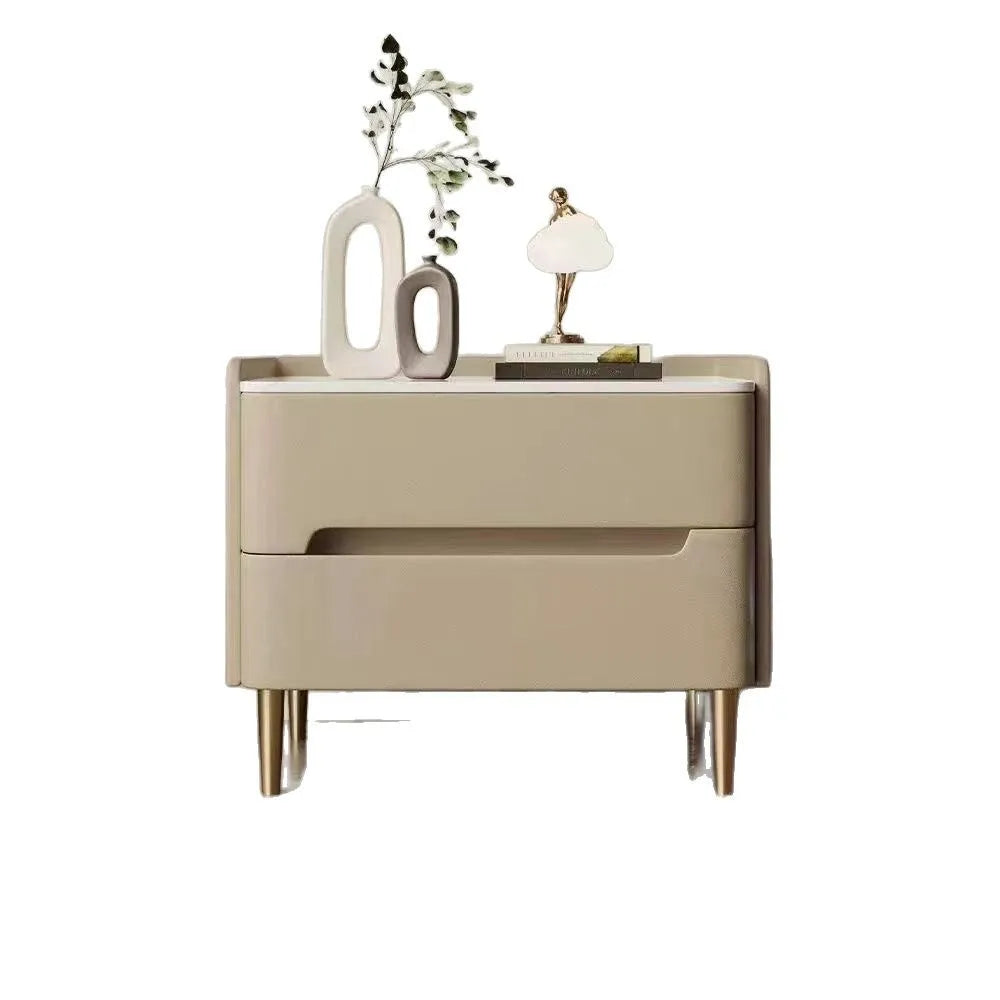 Luxury Modern Nightstand with Drawer, Glossy Marble Top, Gold Metal Legs, Faux Leather Bedside Table