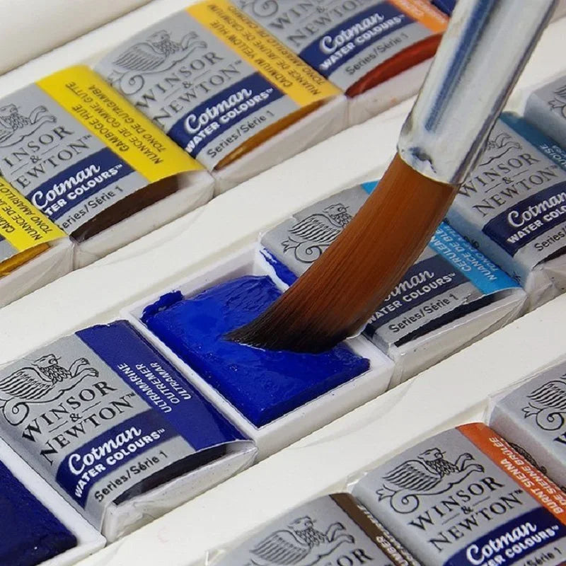 Winsor & Newton Cotman Watercolor Paint Set Studio 45 Half Pans with Brush and Palette Portable Artist Kit