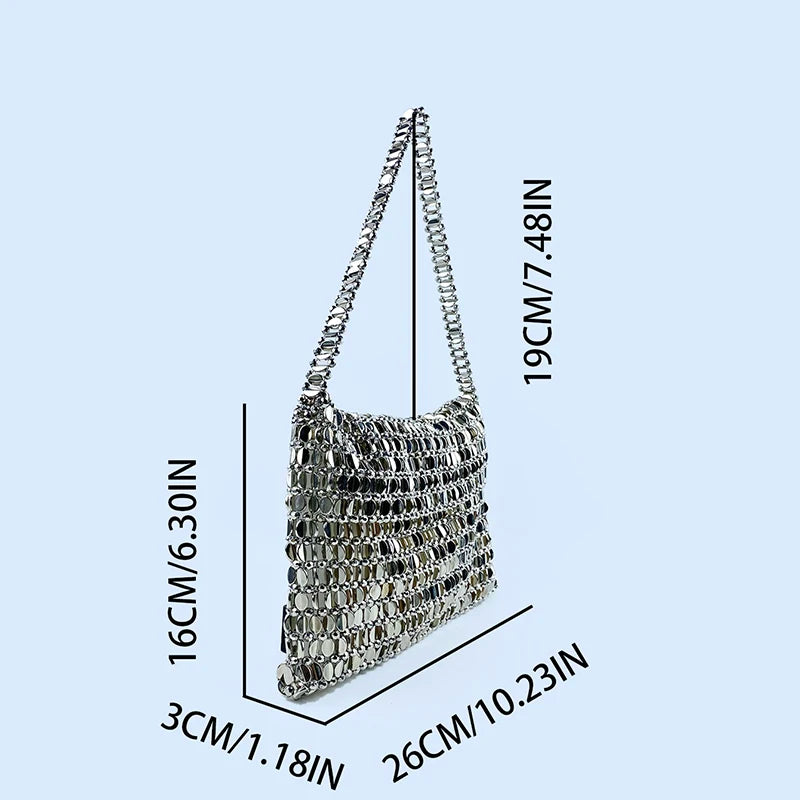 Retro Silver Sequin Metal Handwoven Shoulder Bag – High-End Women’s Square Handbag
