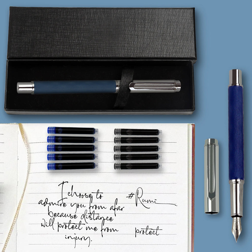 Luxury Flowing Curve Metal Fountain Pen Medium Nib Writing & Calligraphy Set Gift Box