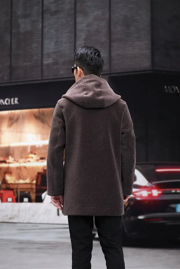 Men’s Winter Casual Thick Fleece Hooded Waterproof Jacket with Real Fur Wool Coat