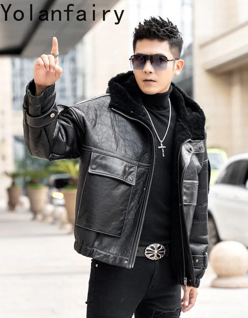 Men’s Natural Sheepskin Leather Jacket with Real Fur Hood – Winter Wool Lined Fur Coat