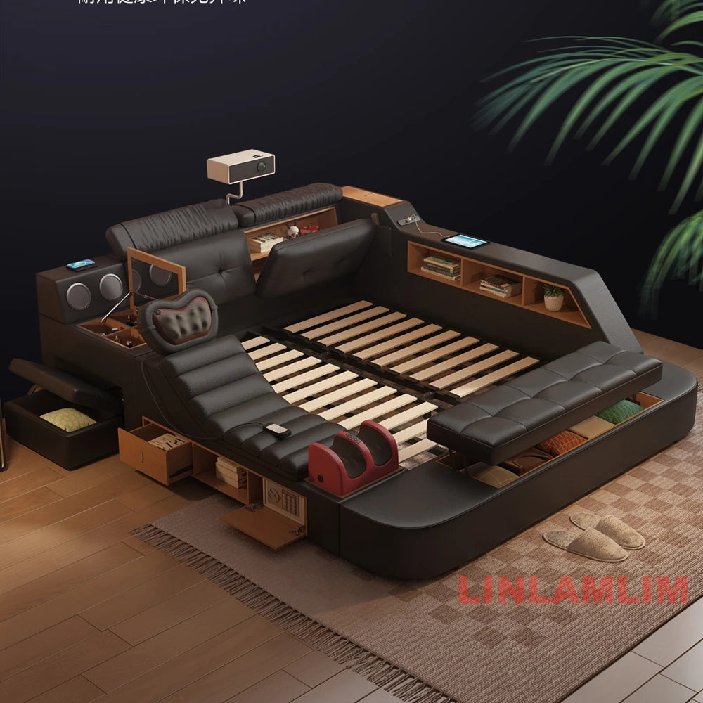 Luxury Smart Multifunctional Upholstered Bed with Massage, Bluetooth Speakers, Projector, USB & Storage – Modern King Size Tech Bed